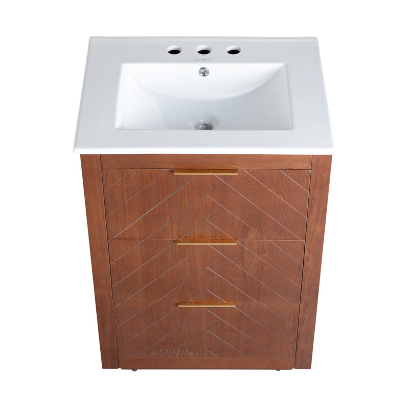 Daxton 24 in. Brown Walnut Bathroom Vanity With White, 3-Hole Ceramic Sink Top