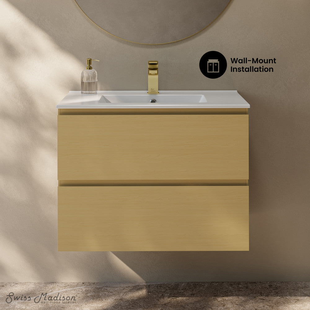 Liberte 30" Wall-Mounted Bathroom Vanity in Natural Oak with Sink Top
