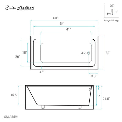 Voltaire 60" x 32" Right-Hand Drain Alcove Bathtub with Apron