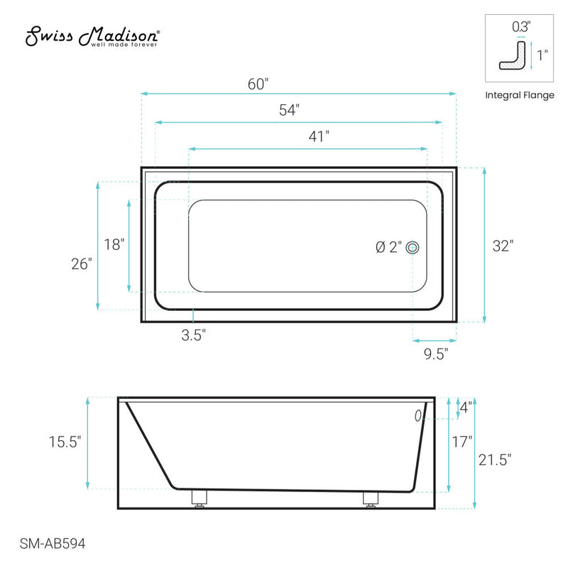 Voltaire 60" x 32" Right-Hand Drain Alcove Bathtub with Apron