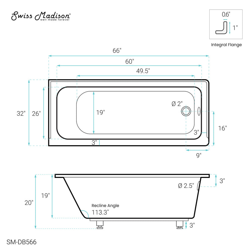 Voltaire 66" x 32" Right-Hand Drain Alcove Bathtub