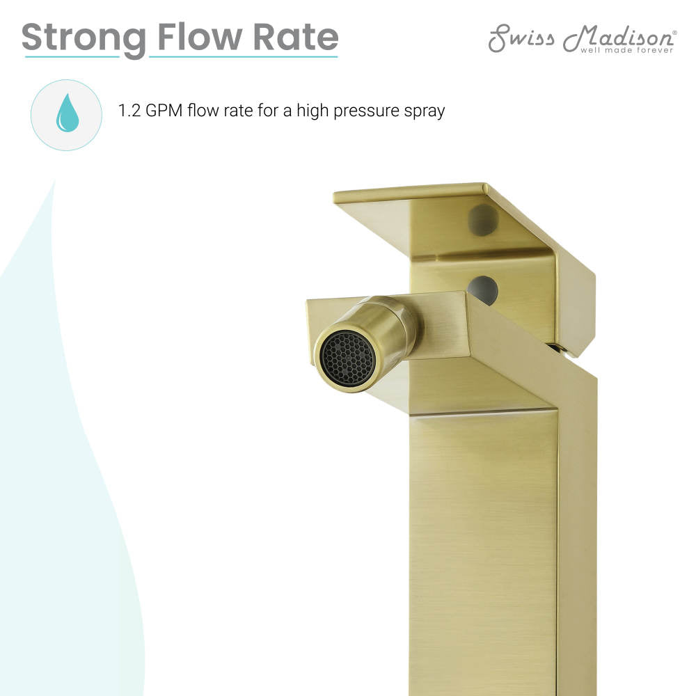 Single-handle bidet faucet in brushed gold with modern angular design and aerated nozzle.