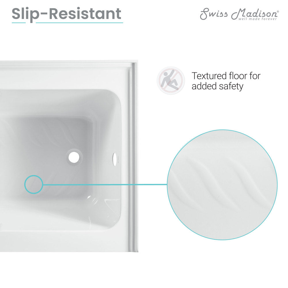 Apron front acrylic bathtub 60x32 inch, integral right-hand drain, glossy white, textured slip-resistant floor.