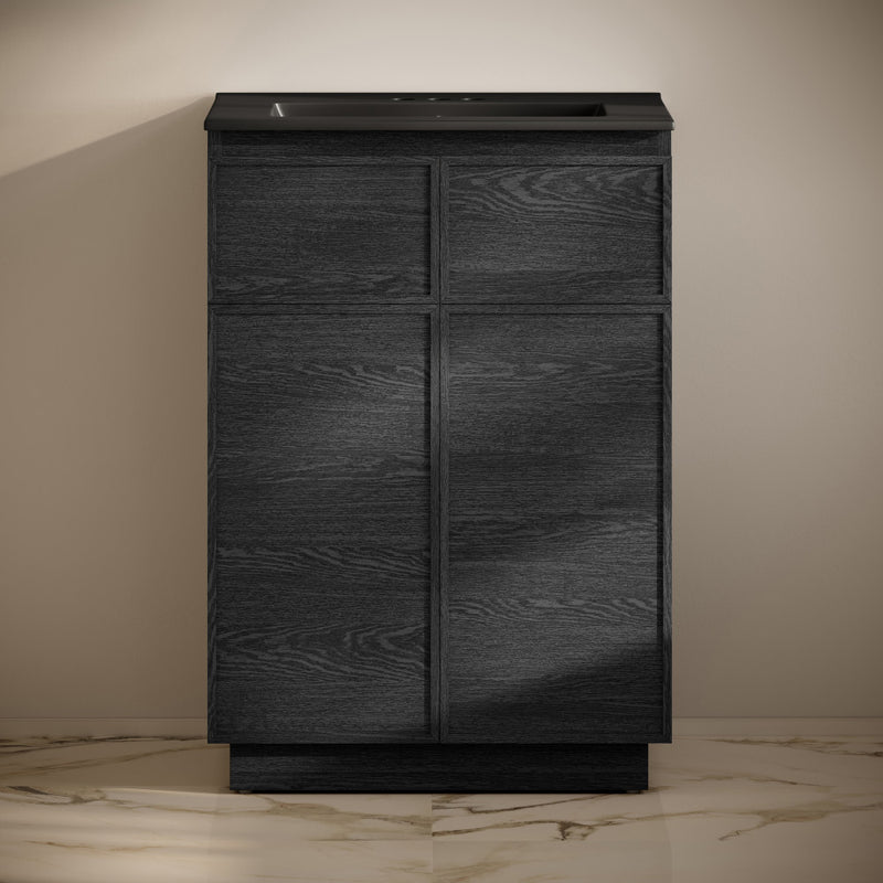 St. Tropez 24" Freestanding Bathroom Vanity in Black Oak with Black 3-Hole Centerset Sink Top