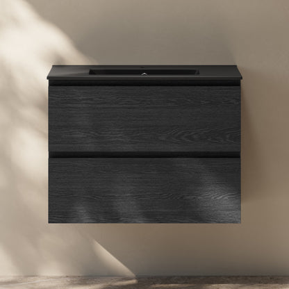 Liberte 30" Wall-Mounted Bathroom Vanity in Black Oak with Black Sink Top