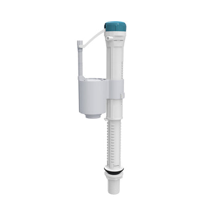 Fill valve for toilet with white plastic construction and blue top adjustment knob.