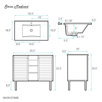 Bron 36" Freestanding Bathroom Vanity in Golden Oak with Black Sink Top