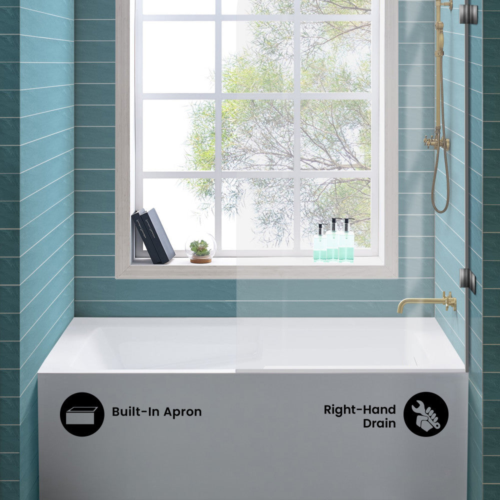 Voltaire 60 x 30 Skirted Right Drain Soaking Apron Bathtub in Glossy White with Integrated Overflow and Armrest, Drain Included