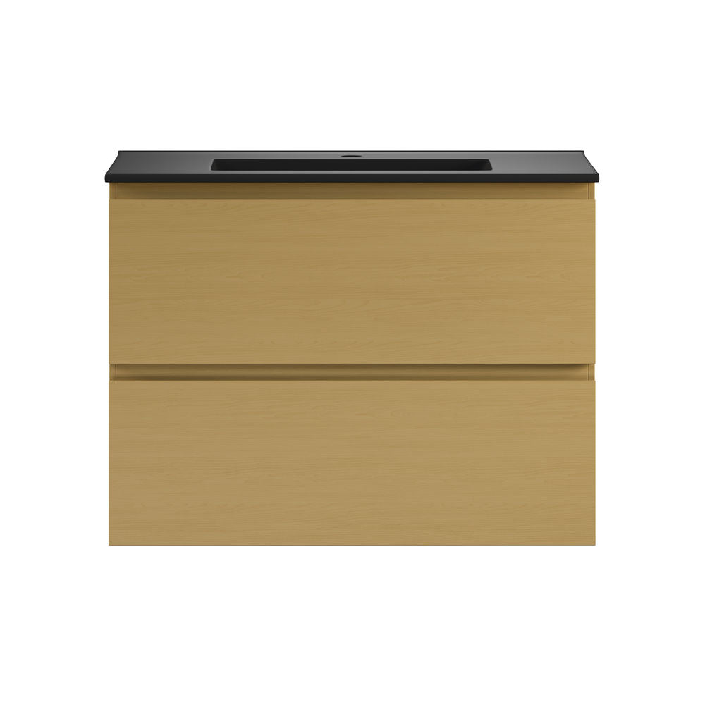 Liberte 30" Wall-Mounted Bathroom Vanity in Natural Oak with Black Sink Top