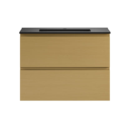 Liberte 30" Wall-Mounted Bathroom Vanity in Natural Oak with Black Sink Top