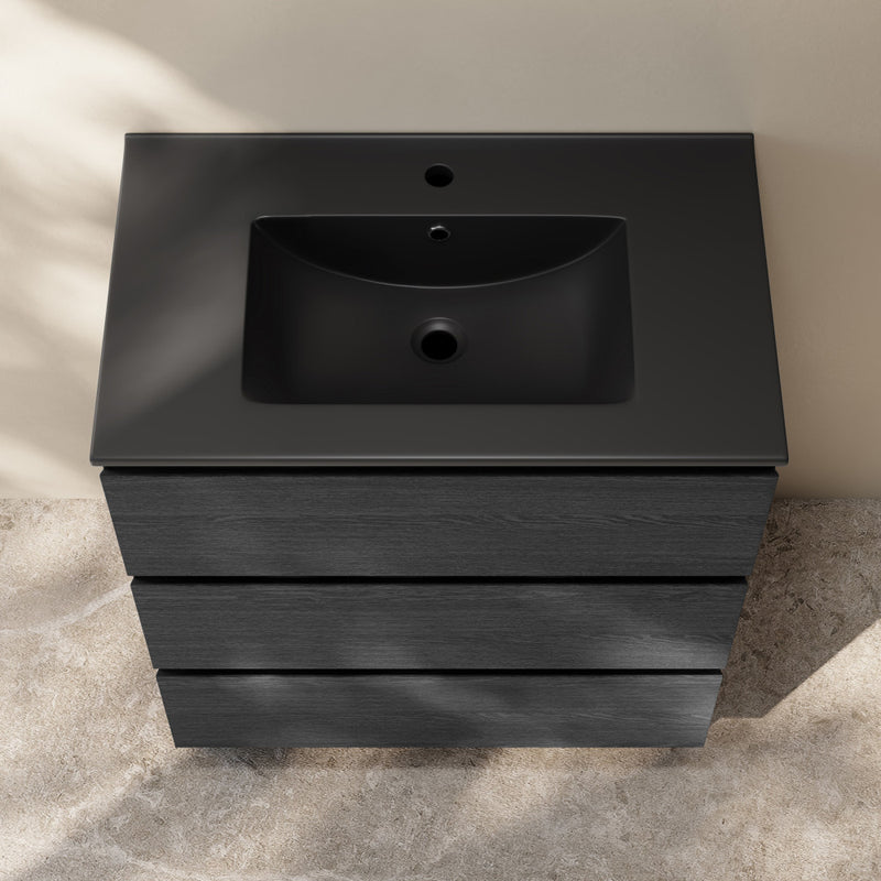 Liberte 30" Freestanding Bathroom Vanity in Black Oak with Black Sink Top