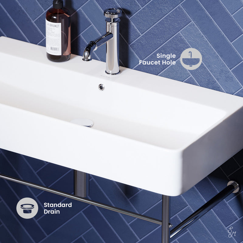 Carre 36 Ceramic Console Sink White Basin Chrome Legs