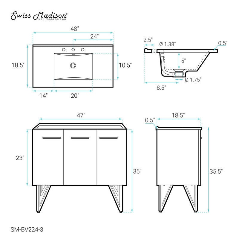 Annecy 48 in. Black Walnut Bathroom Vanity With White, 3-Hole Ceramic Sink Top