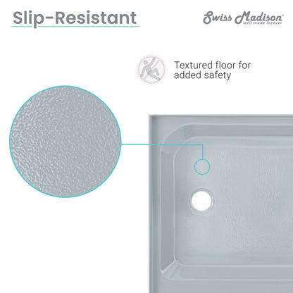 60-inch gray single-threshold shower base with center drain and textured slip-resistant floor.