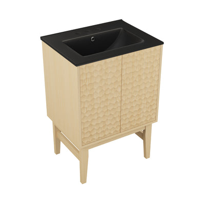 Bosse 24" Freestanding Bathroom Vanity in Natural Oak with Black 3-Hole Centerset Sink Top