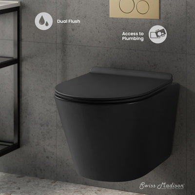 Calice Wall-Hung Toilet Bundle 0.8/1.6 GPF Dual Flush in Matte Black with Brass Flush Plate