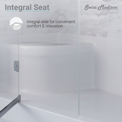 60" x 32" white shower base with left drain and integral right-hand seat.