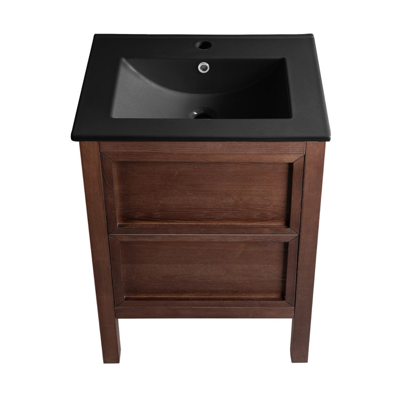 Nadar 24 in. Brown Walnut Bathroom Vanity With Black Ceramic Sink Top