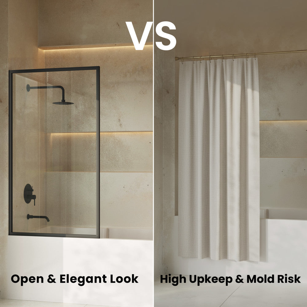Pierre 34 x 58 Framed Fixed 3/8 in. (10mm) Clear Tempered Glass Tub Door with Black Matte Frame