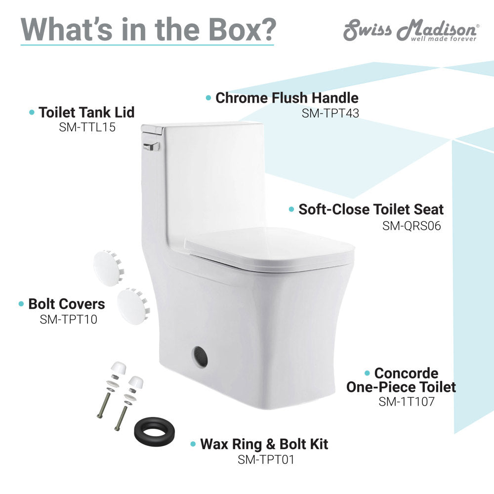 Elongated one-piece glossy white toilet, 12" rough-in, left-hand flush, soft-close seat.