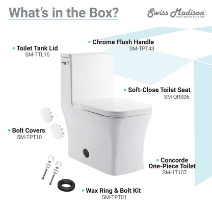 Elongated one-piece glossy white toilet, 12" rough-in, left-hand flush, soft-close seat.