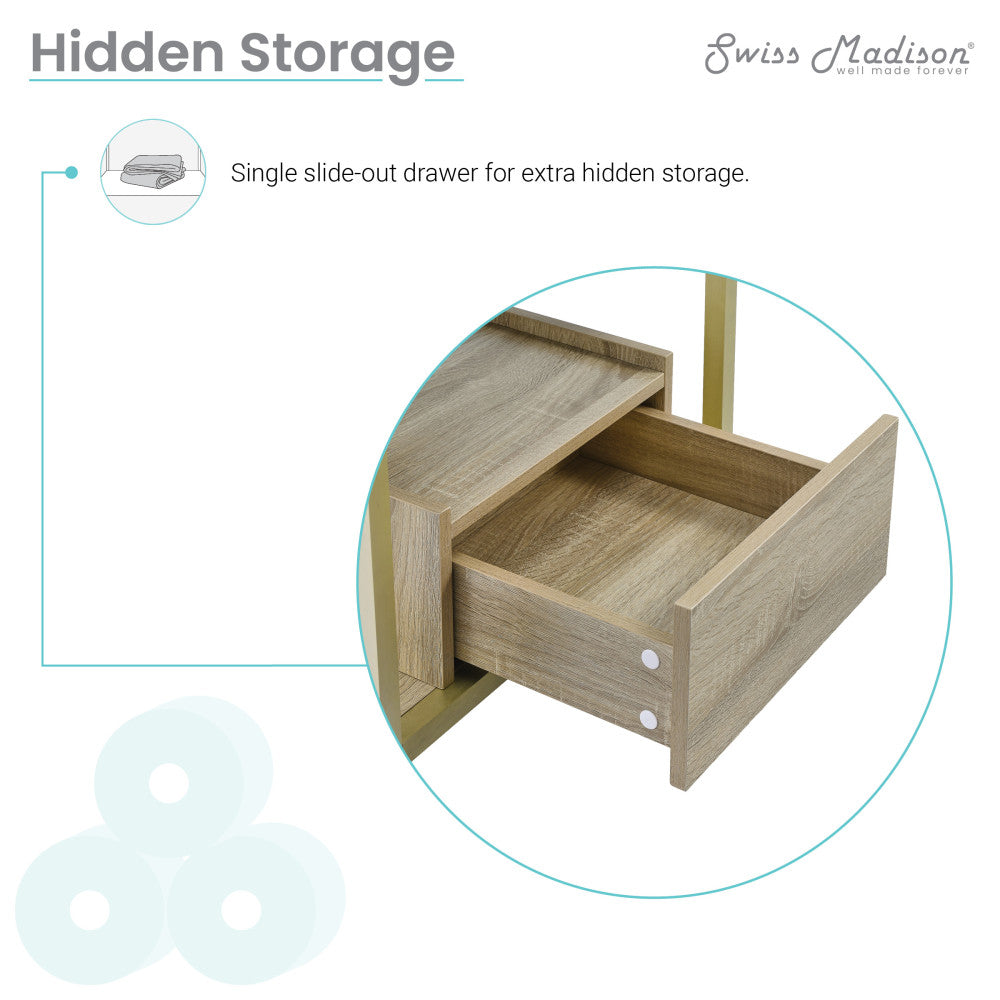 24-inch freestanding bathroom vanity with natural oak frame, open shelf, and single sink top.