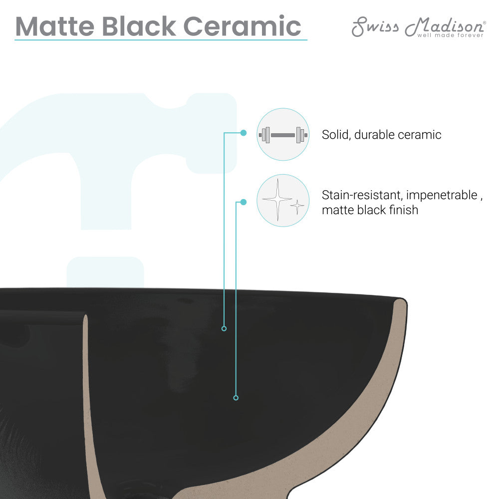 22" rectangular wall-mount bathroom sink in matte black ceramic, stain-resistant and durable.