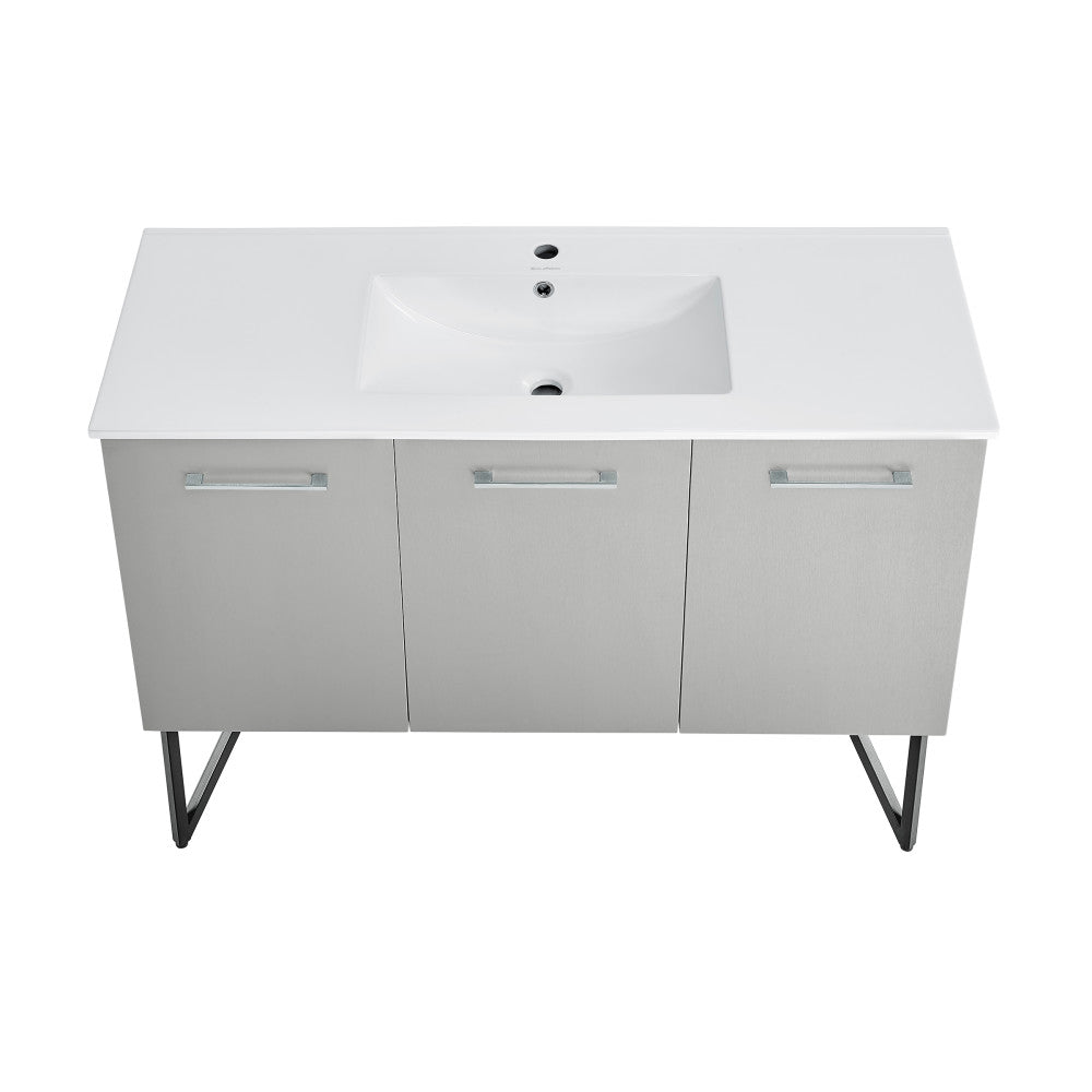 48-inch freestanding bathroom vanity in gray with single sink and soft-close doors.
