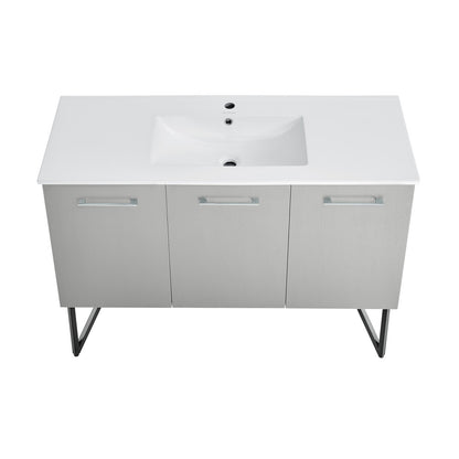 48-inch freestanding bathroom vanity in gray with single sink and soft-close doors.