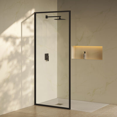 Pierre 34 x 76 Framed Fixed 3/8 in. (10mm) Clear Tempered Glass Shower Door with Black Matte Frame