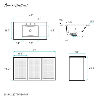 Classe 48" Wall-Mounted Bathroom Vanity in Brown Oak with Black 3-Hole Widespread Sink Top