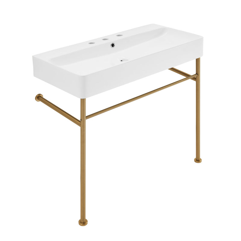 Carre 36" Console Sink White Basin Brushed Gold Legs with 8" Widespread Holes