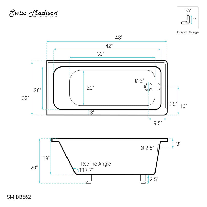 Voltaire 48" x 32" Right-Hand Drain Alcove Bathtub