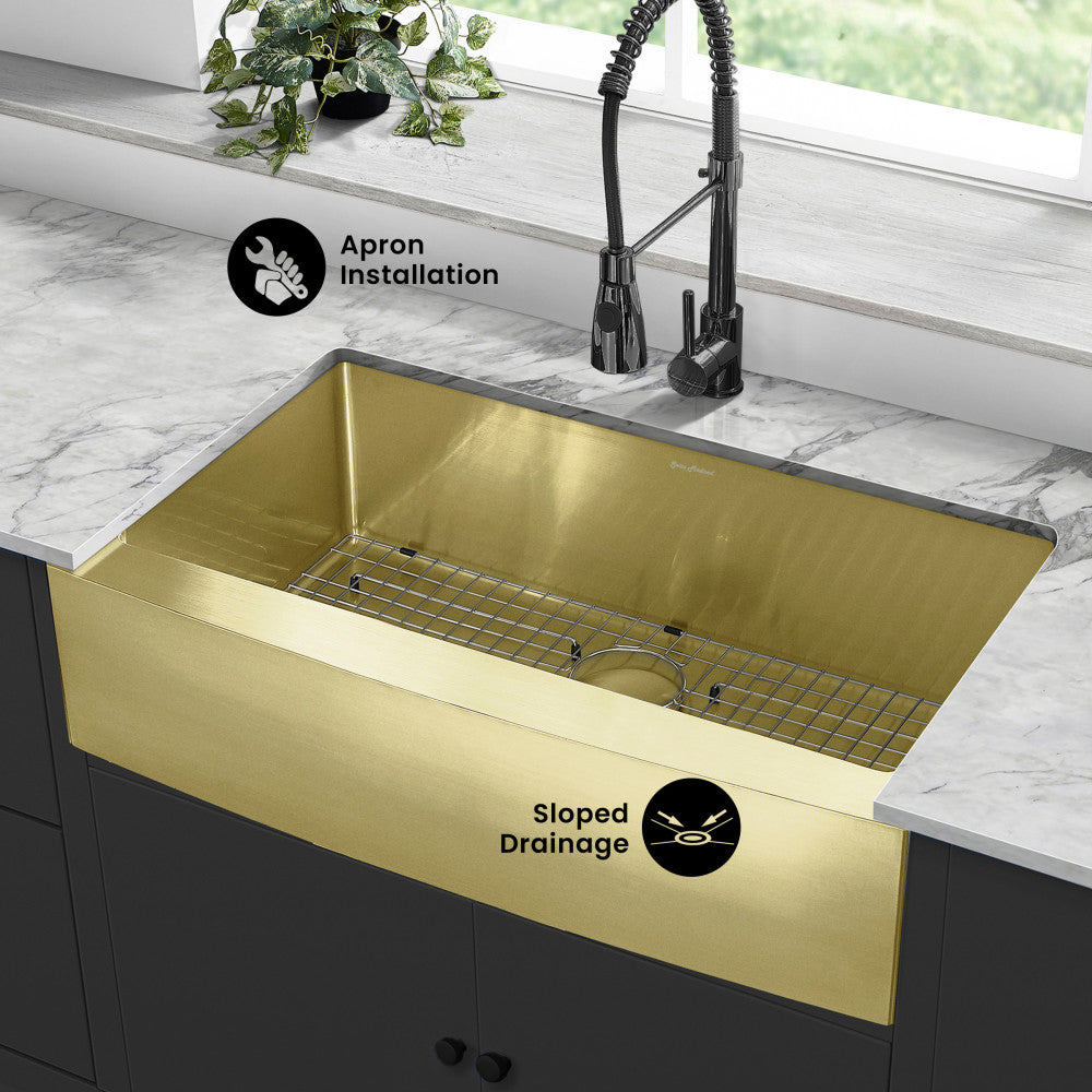 Rivage 36 x 21 Stainless Steel, Single Basin, Farmhouse Kitchen Sink with Apron in Gold