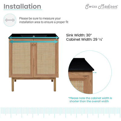 Classe 30" Freestanding Bathroom Vanity in Golden Oak with Black 3-Hole Widespread Sink Top