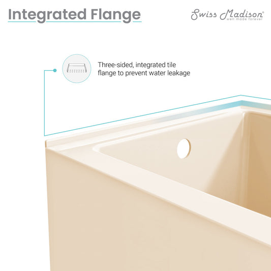 Apron front alcove bathtub 54 inch in bisque with integrated tile flange and right-hand drain.