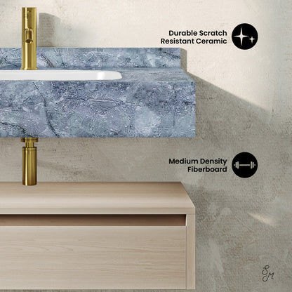 Avancer 36" Wall-Mounted Bathroom Vanity in White Oak with Blue Celeste Sink Top