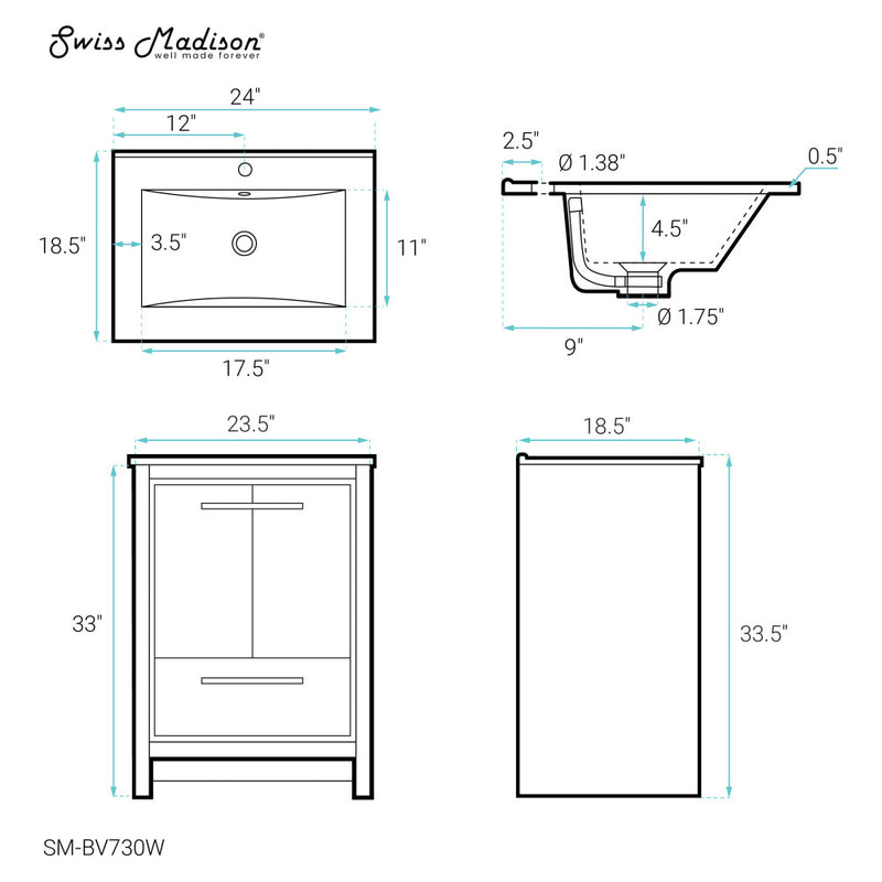 Virage 24" Freestanding Bathroom Vanity in White with Sink Top