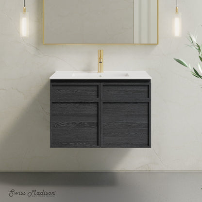St. Tropez 30" Wall-Mounted Bathroom Vanity in Black Oak with Sink Top