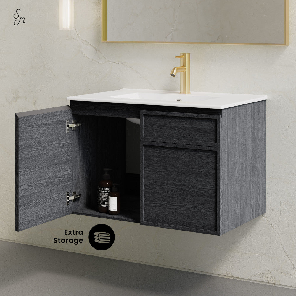 St. Tropez 30" Wall-Mounted Bathroom Vanity in Black Oak with Sink Top