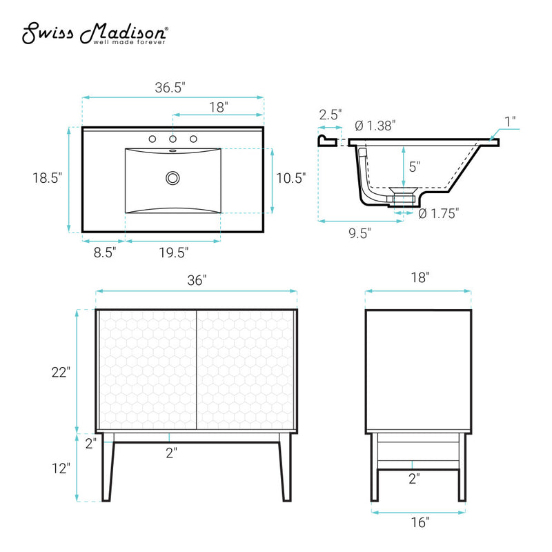 Bosse 36" Freestanding Bathroom Vanity in Black Oak with Black 3-Hole Widespread Sink Top