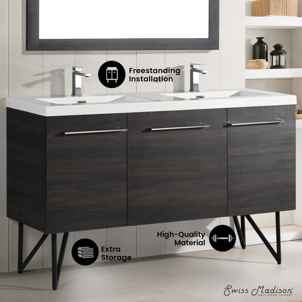 Annecy 60" Freestanding Bathroom Vanity in Black Walnut with Sink Top