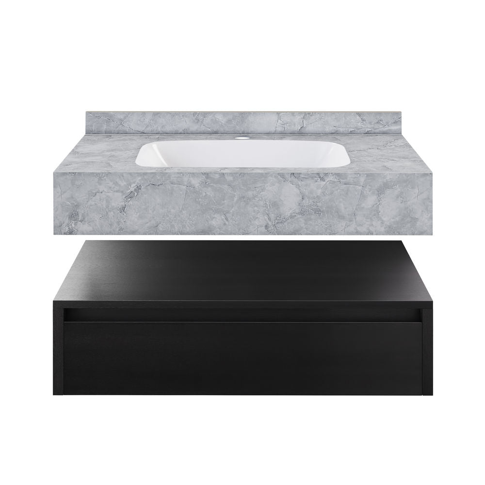 Avancer 36" Wall-Mounted Bathroom Vanity in Black Oak with Storm Gray Sink Top