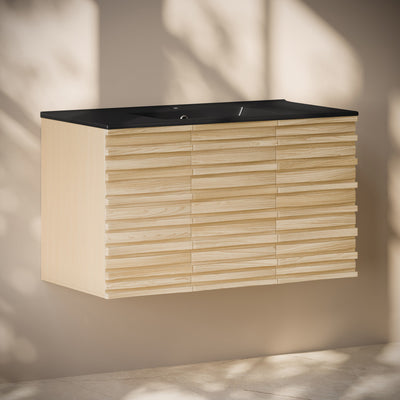 Cascade 36" Wall-Mounted Bathroom Vanity in Natural Oak with Black Sink Top