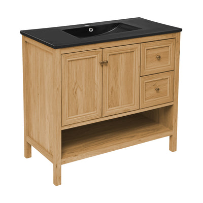 Château 36" Freestanding Bathroom Vanity in Golden Oak with Black Sink Top