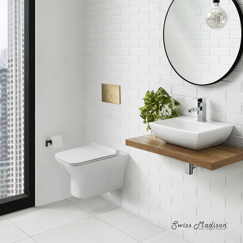 Carre Wall-Hung Toilet Bundle 0.8/1.6 GPF Dual Flush in Glossy White with Brass Flush Plate