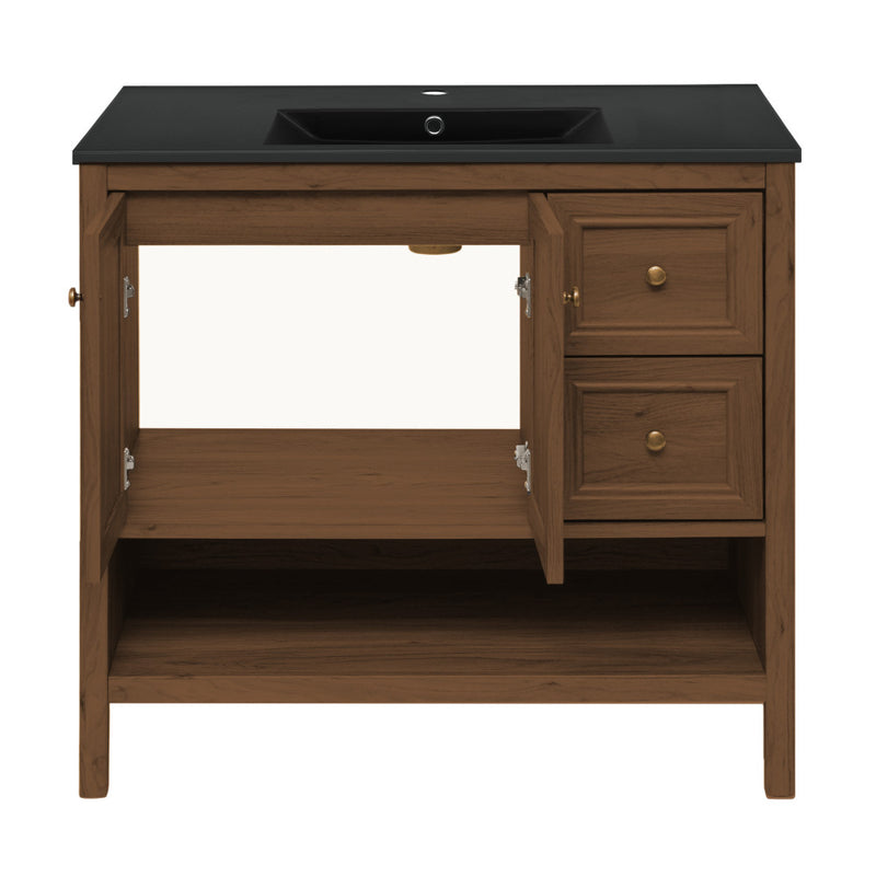 Château 36" Freestanding Bathroom Vanity in Brown Oak with Black Sink Top