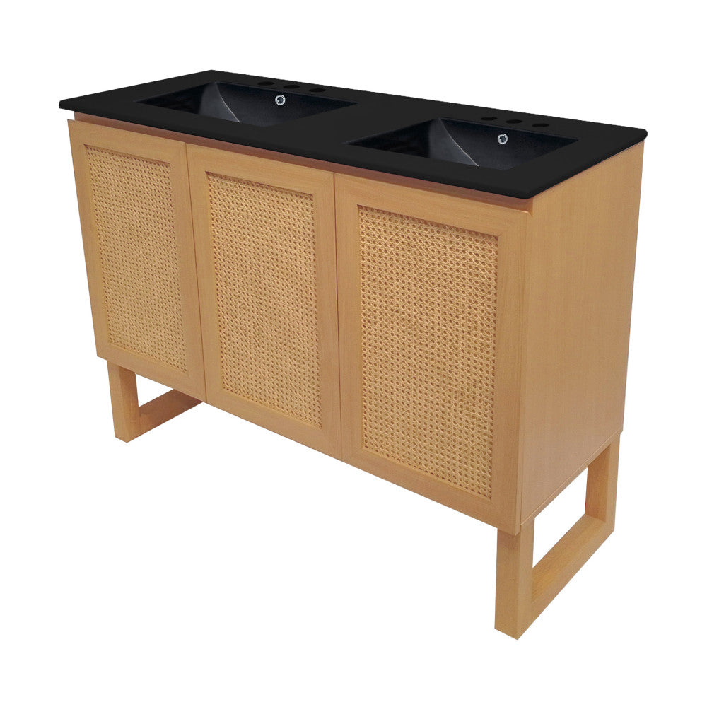 Arles 48 in. Natural Oak, Double Basin Bathroom Vanity With Black, 3-Hole Centerset Ceramic Sink Top