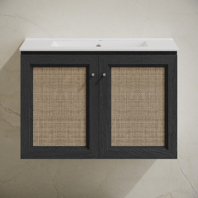 Classe 30" Wall-Mounted Bathroom Vanity in Black Oak with Single Faucet Hole Vanity Top