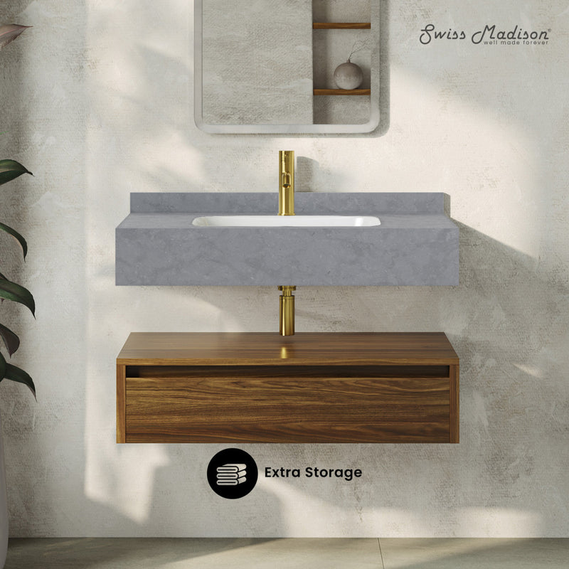 Avancer 36" Wall-Mounted Bathroom Vanity in Brown Oak with Charcoal Grey Sink Top